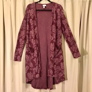 Wine Red Burgundy Cardigan with Floral Pattern.  Size Large.